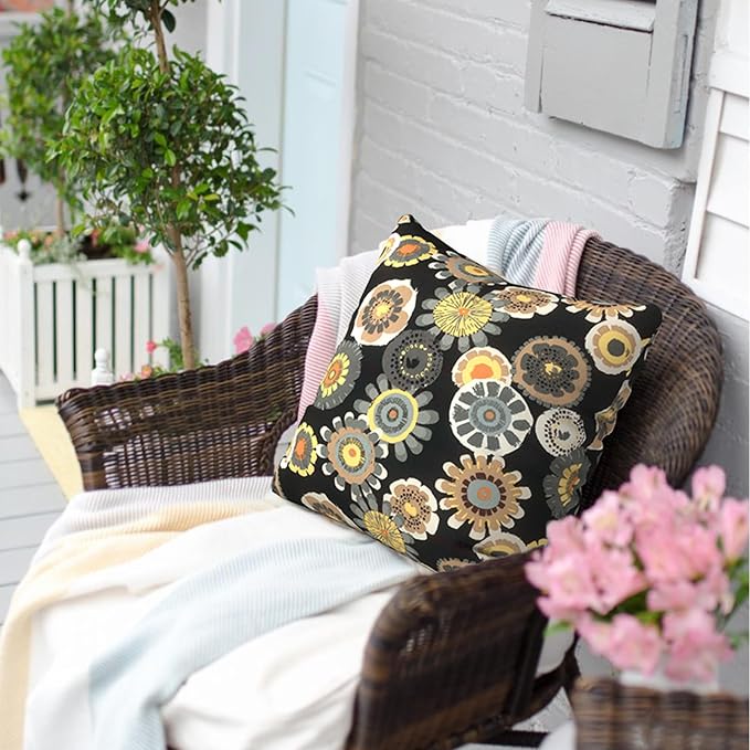 Outdoor Pillows for Patio Furniture 18x18 inch, Square Outdoor Throw Pillows with Inserts, Decorative Toss Pillows for Garden Couch Home Sofa Office Chair, Pack of 2,Black Yellow Crosby