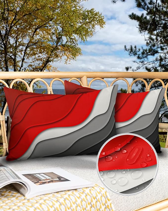 Funy Decor Waterproof Outdoor Throw Pillow Cover Red Modern Geometric Lumbar Pillowcases Set of 2 Grey Abstract Beach Decorative Patio Furniture Pillows for Couch Garden 20x12 inch x 2pcs