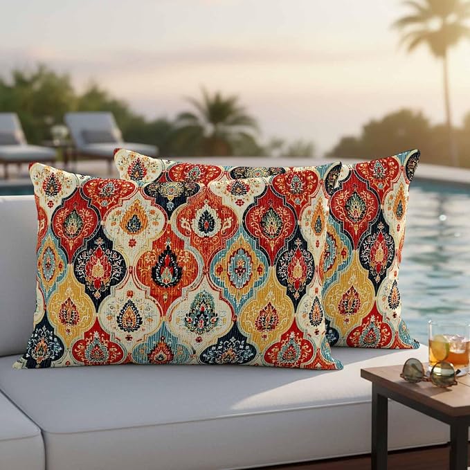 Bohemian Floral Outdoor Pillow Covers 20"x12" Set of 2, Moroccan Exotic Colored Floral Waterproof Throw Pillow Covers for Patio Furniture, Decorative Cushion Covers for Porch