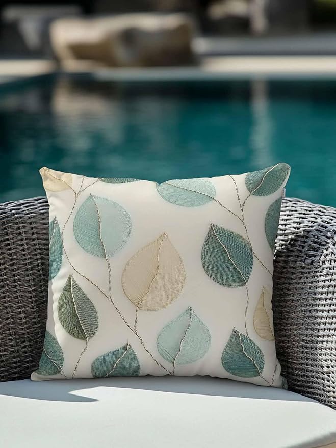 Outdoor Waterproof Throw Pillows Farmhouse Teal Green Leaf Patio Pillows,Decorative Pillow Covers with Insert,Pillow Cushion Case for Garden Couch Sofa Vintage Watercolor Leaves