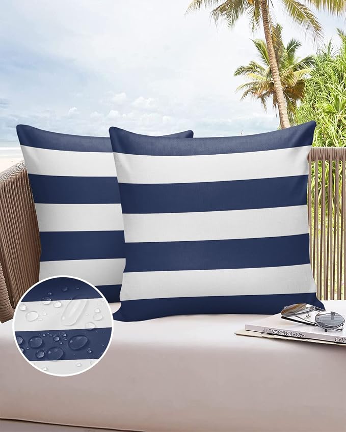 Outdoor Waterproof Throw Pillow Covers Set of 2 Navy Blue Stripe Pillowcases 24x24 Inches Simple Style Striped Decorative Pillows Cushion Case Patio Pillows for Couch Bed Chair Garden
