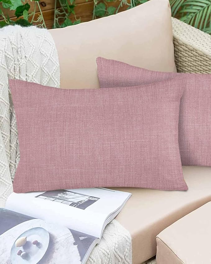 Vandarllin Outdoor Throw Pillows Covers 20x12 inch Set of 2 Waterproof Pink Linen Decorative Zippered Cushion Covers for Patio Furniture, Farmhouse Pure Color Lumbar Pillowcases
