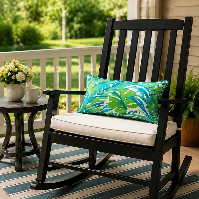 13 x 20 Inch Outdoor Lumbar Pillow with Insert Set of 2, Decorative Piping Edge Waterproof Fade Resistant Fluffy Throw Pillows for Patio Furniture Chair Bench Couch - Green Palm Leaves