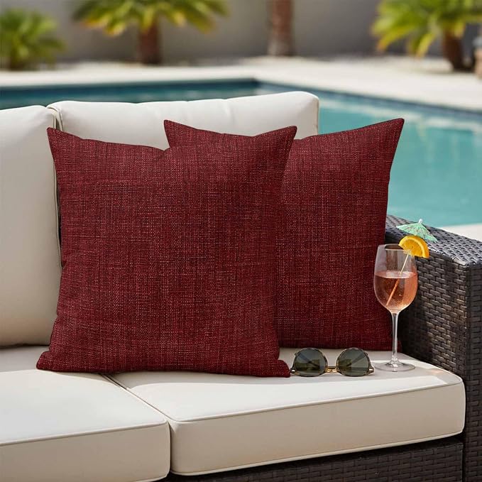 Outdoor Waterproof Throw Pillow Covers Set of 2 Wine Red Linen Pillowcases 16x16 Inches Farmhouse Pure Color Decorative Pillows Cushion Case Patio Pillows for Couch Bed Chair Garden