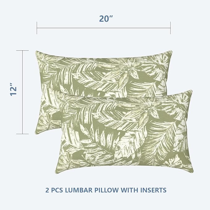 LVTXIII Set of 2 Patio Lumbar Pillows, 12" x 20" Fade Resistant Outdoor Lumbar Pillow with Inners, Fluffy Decorative Garden Lumbar Cushions for Home Patio Coach Sofa Use, Tropical Leaf Green