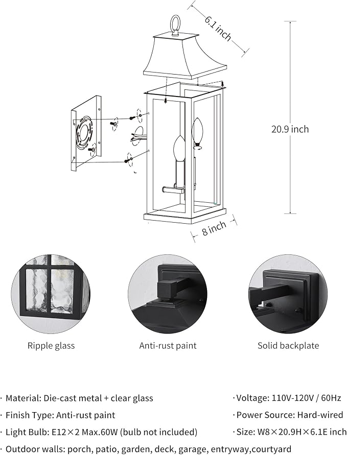 Patio Wall Light Fixtures, Black Waterproof Outdoor Wall Sconce 1pcs | Outdoor Wall Lights with Tempered Glass Shade, Outside Wall Lanterns for Patio, House, Garage, Front Door Entryway, H20.9"