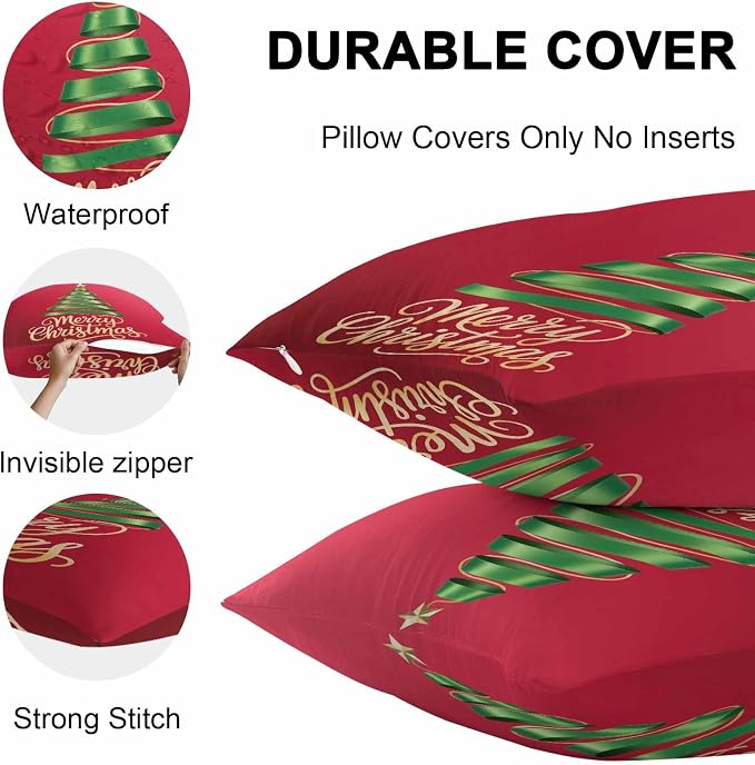 Red Christmas Tree Lumbar Pillow Covers 12 x 20 Inches, Green Xmas Tree with Star Waterproof Throw Pillow Cover Set of 2, Christmas Red Decorative Rectangle Cushion Covers for Patio/Couch