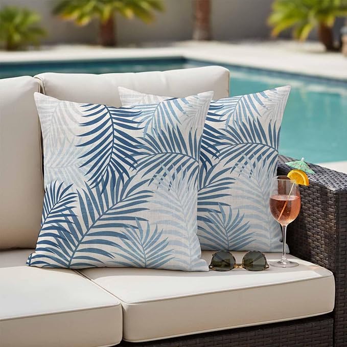 Outdoor Waterproof Throw Pillow Covers, Blue Grey Palm Leaves Decorative Pillow Cases, Summer Botanical Tropical Leaf Couch Pillow Protector Patio Sofa Cushion Covers Replacement 20"x20" 2 Pack