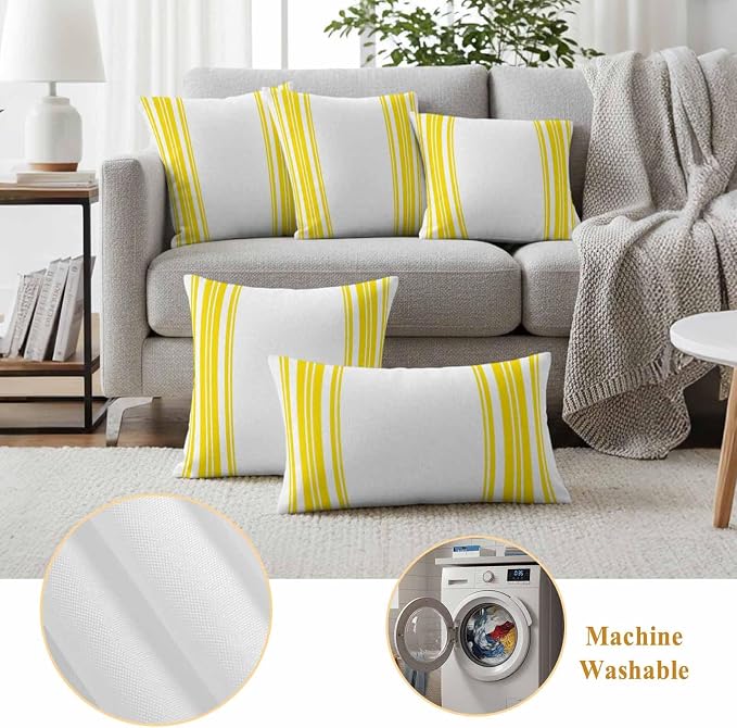 Outdoor Waterproof Throw Pillow Covers Set of 2 Yellow Stripes Pillowcases 18x18 Inches White Vertical Striped Decorative Pillows Cushion Case Patio Pillows for Couch Bed Chair Garden