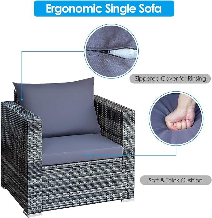 HAPPYGRILL 3 Pieces Patio Conversation Set, Outdoor Rattan Wicker Sofa Set with Coffee Table, Patio Furniture Set with Soft Cushions for Balcony Porch Backyard Garden