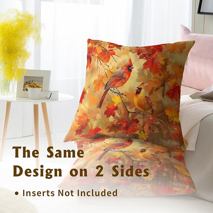 Fall Throw Pillow Covers 22x22 Set of 2, Autumn Maple Leaves Birds Harvest Season Decorative Pillow Cases Cotton Linen Cushion Cover for Living Room Bed Sofa Car Home Decor