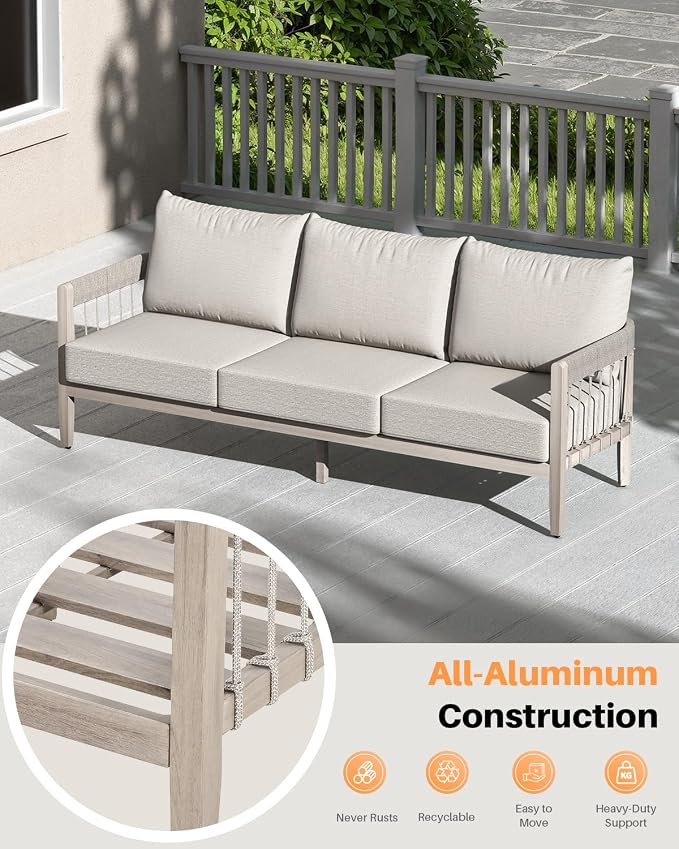 3-Seater Outdoor Aluminum Sofa, Never-Rust Patio Sofa Couch with Faux Wood Grain Finish Frame, Rope Weave Outdoor Sofa with Extra Thick Cushions, Outdoor Patio Couch for Deck, Porch, Garden