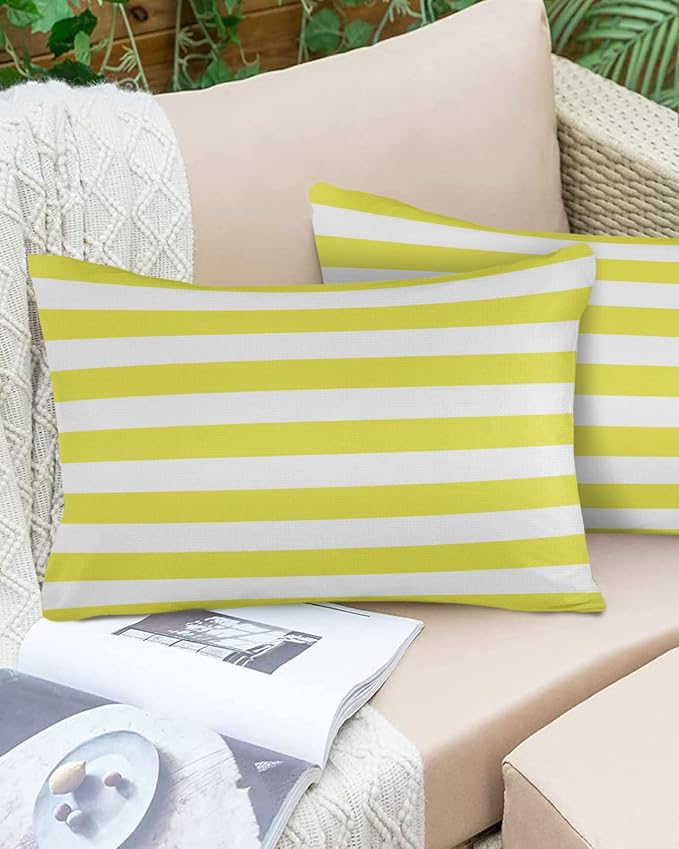 Lumbar Throw Pillow Covers 12x20 Outdoor Waterproof Pillow Covers for Patio Furniture Yellow and White Stripes Throw Pillow Cover Solid Striped Pillowcases Set of 2 Cushion Case for Sofa Couch Chair