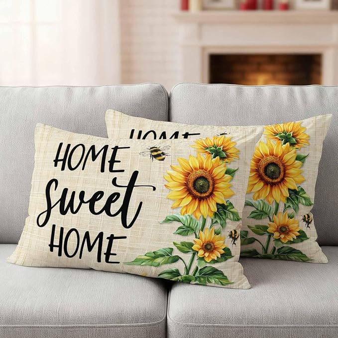 Lumbar Pillow Covers 20x12 Inch Set of 2, Spring Sunflowers Waterproof Outdoor Pillow Covers, Bee Beige Farm Country Rustic Decorative Cushion Pillowcases for Couch, Sofa, Bed, Garden, Patio