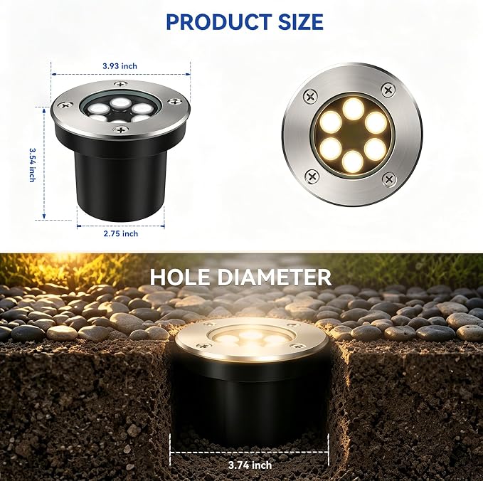 JESLED 12 PackOutdoor Landscape Lights, Low Voltage In Ground Well Lights | 3000K Warm White, 6W LED, 12V/24V, IP67 Waterproof, 5-Ton Pressure Resistant & 90° Beam for Driveway Decks Step Garden