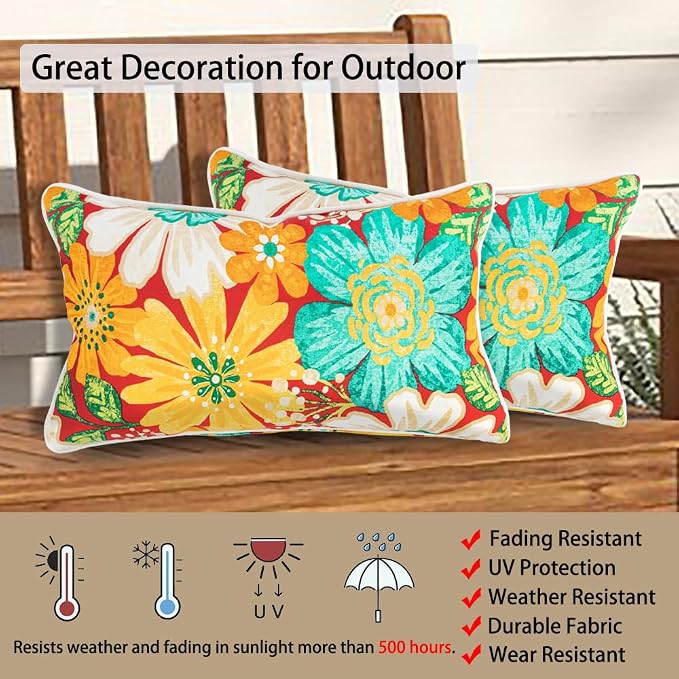 Magpie Fabrics Pack of 2 Outdoor Lumbar Pillow Case Covers 12"x20", Waterproof Rectangular Throw Pillowcase Shell Decorative Sham for Patio Garden Couch - Embry Red Hibiscus