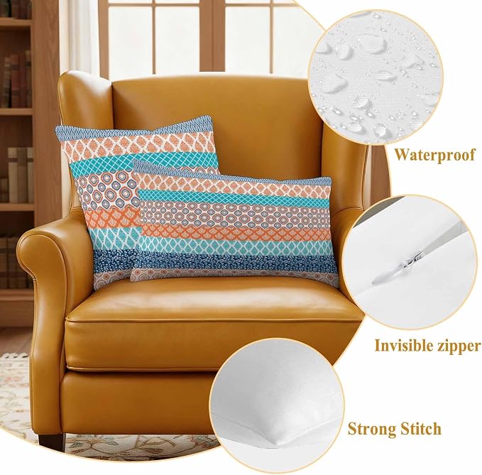 Geometric Bohemia Outdoor Pillow Covers Set of 2 Stripes Orange Turquoise and Blue Waterproof Throw Pillow Cover Decorative Cushion Cases for Patio Porch Garden 20X12 Inch