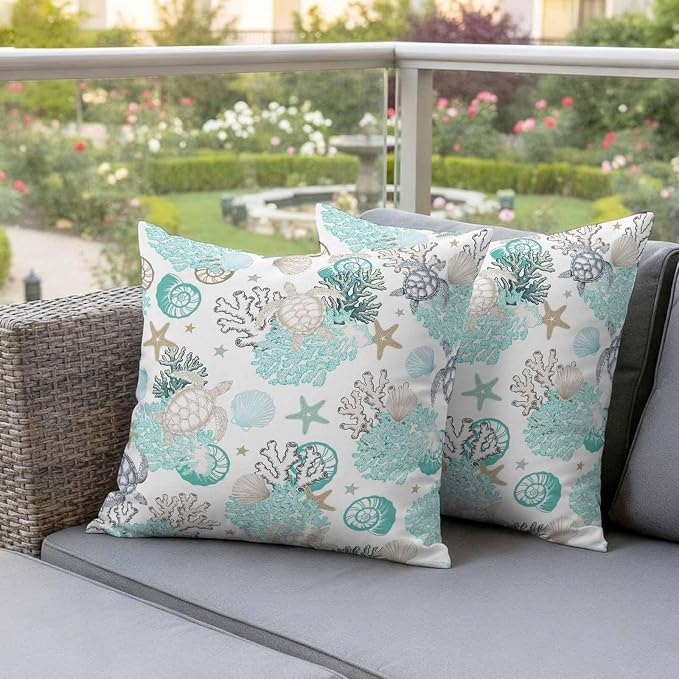 Summer Coastal Outdoor Throw Pillow Cover Ocean Sea Turtle Seaweed Waterproof Cushion Covers 2 Pack Teal Grey Abstract Art Pillow Cases Home Decoration for Patio Garden Couch Sofa 18x18In