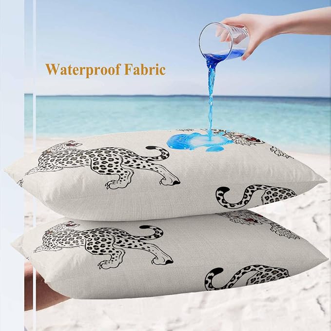 Yukro Beige Leopard Outdoor Waterproof Pillow Covers Pack of 2, Modern Style Wild Animal Rustic Linen Texture Throw Pillowcases Decorative Cushion Covers for Garden Patio Tent Sofa Couch, 20x12 inch