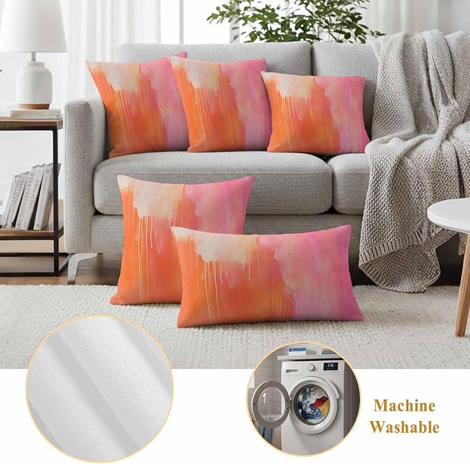 Outdoor Waterproof Pillow Covers Abstract Ombre Orange Pink Pack of 2 Lumbar Pillow Cover Oil Painting Art Decorative Cushion Pillowcases for Patio Couch Bench Garden 16 x 16 Inches