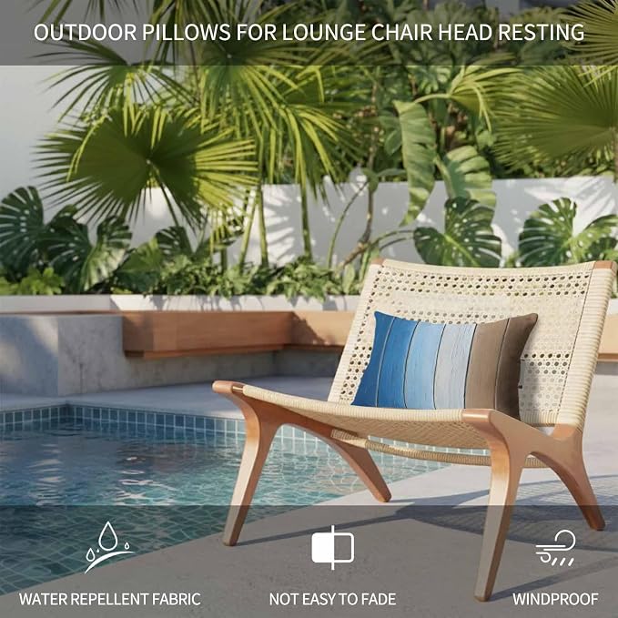 Blue Brown Outdoor Pillows for Chaise Lounge Chair Waterproof Lumbar Pillows with Insert&Strap Beach Headrest Pillow Gradient Wood Grain Farmhouse Country Recliner Neck Pillow for Patio Pool 12"x20"