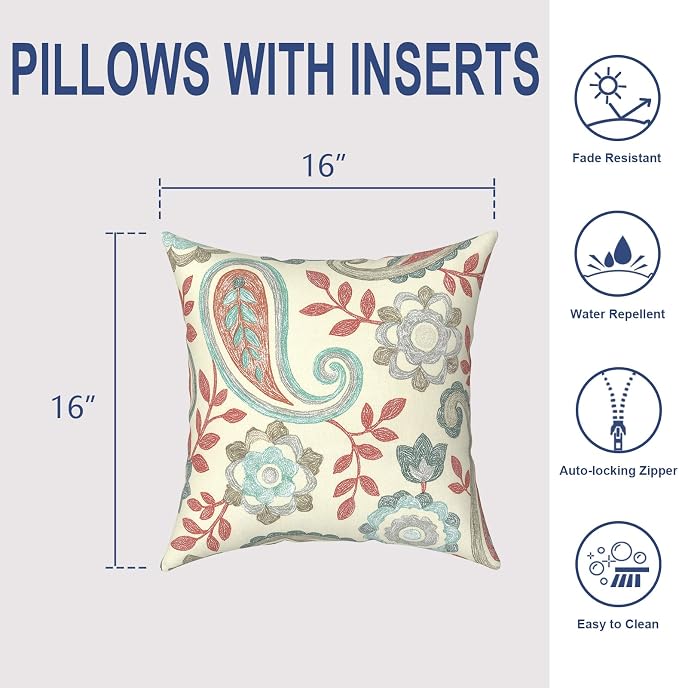 Outdoor Throw Pillows 16x16 Inch, Water Repellent Patio Pillows with Inners Set of 2 for Patio Furniture Home Graden, Paisley Vintage