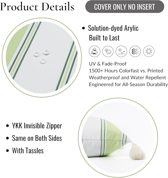 Hofdeco Premium Coastal Hampton Outdoor Performance Throw Pillow Cover Only, 20"x20" Water Repellent, UV and Fade Resistant for Backyard, Couch, Poolside, Grass Green Woven Harbor Stripes