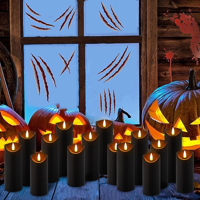 YOROXRG 24 Pack Halloween Decoration Flickering Flameless Candles, Battery Operated LED Pillar Candles with Remote Control and Timer.for Home Decor (D2.2 xH 5" 6" 7" Black)