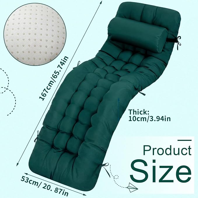 Tudomro Outdoor Chaise Lounge Cushion 66x21x4'' Waterproof & Fade-Resistant Patio Pool Chaise Lounge Cushion Headrest Pillow Tie Replacement Rocking High Back Chair(Hunter Green,1 Pcs)