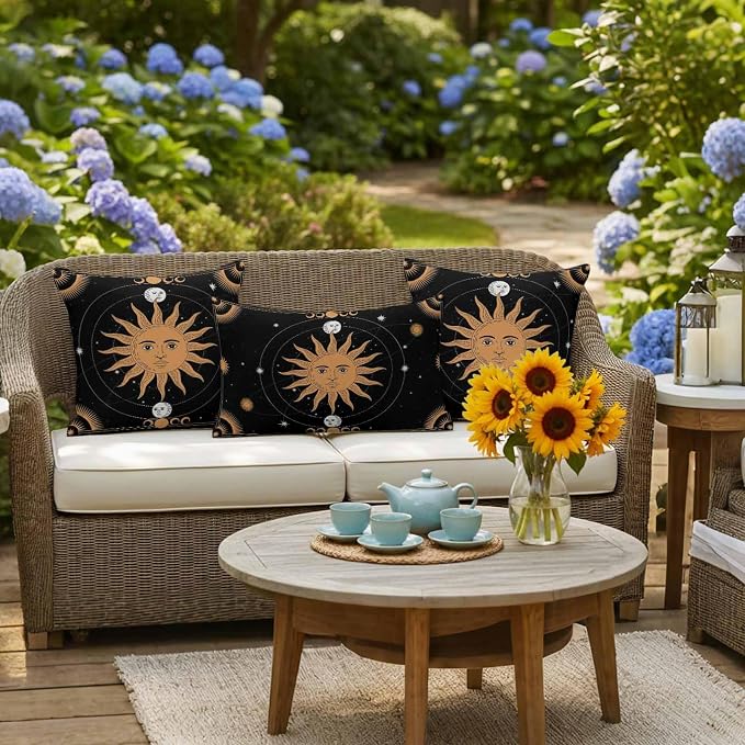 Celestial Sun and Moon Waterproof Outdoor Pillow Covers Set of 2 Home Decor, Black Sky Gold Star Boho Lumbar Pillowcase Patio Pillow Covers for Couch Bench Patio Furniture Garden 20x12in
