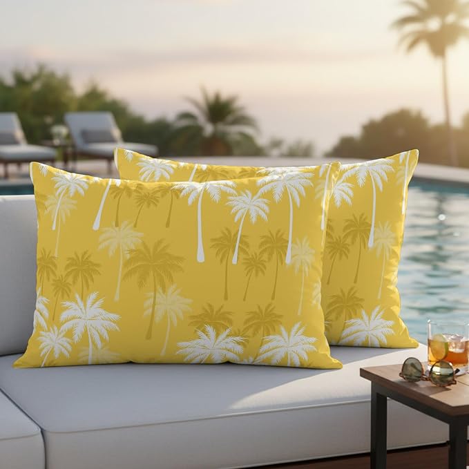 Lumbar Pillow Covers 20x12 Inch Set of 2, Tropical Palm Tree Waterproof Outdoor Pillow Covers, Yellow White Plants Coastal Leaf Beach Decorative Cushion Pillowcases for Couch, Sofa, Bed, Garden, Patio