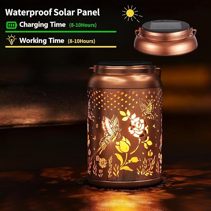 2 Pack Solar Lanterns Outdoor Waterproof, Butterfly Rose Garden Decor Birthday Gifts for Women Mom Grandma Hanging Solar Lights Metal Solar Decoration Outside for Yard, Patio, Lawn | Birthday Gifts for Women Mom Grandma Hanging Solar Lights Metal Solar...