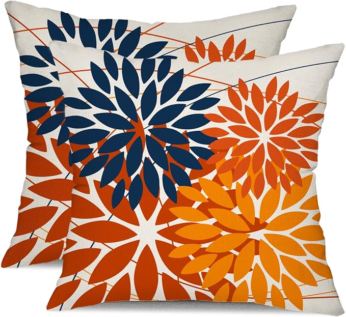 DFXSZ Pack of 2 Outdoor Waterproof Throw Pillow Covers 16x16 Blue Orange | Polyester Spring Summer Fall Floral Decorative Cushion Cases(NO INSERT),For Couch Patio Funiture Garden Home Decor