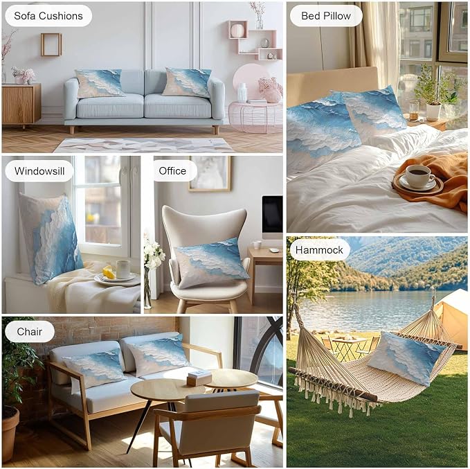 Summer Beach Theme Outdoor Pillow Covers 20x12in Pack of 2 Waterproof Pillowcase Watercolor Blue Ocean Wave Decorative Throw Cushion Case for Patio Couch Sofa