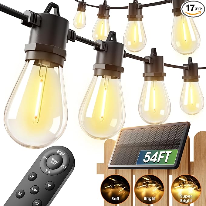 addlon 54FT(48+6) Solar String Lights Outdoor, Last 20+ Hrs, USB Charging | IP65 Waterproof. Dimmable Timer via Remote. Memory, 3 Modes, 2700K Warm White. Easy Install for Patio, Backyard, Porch.