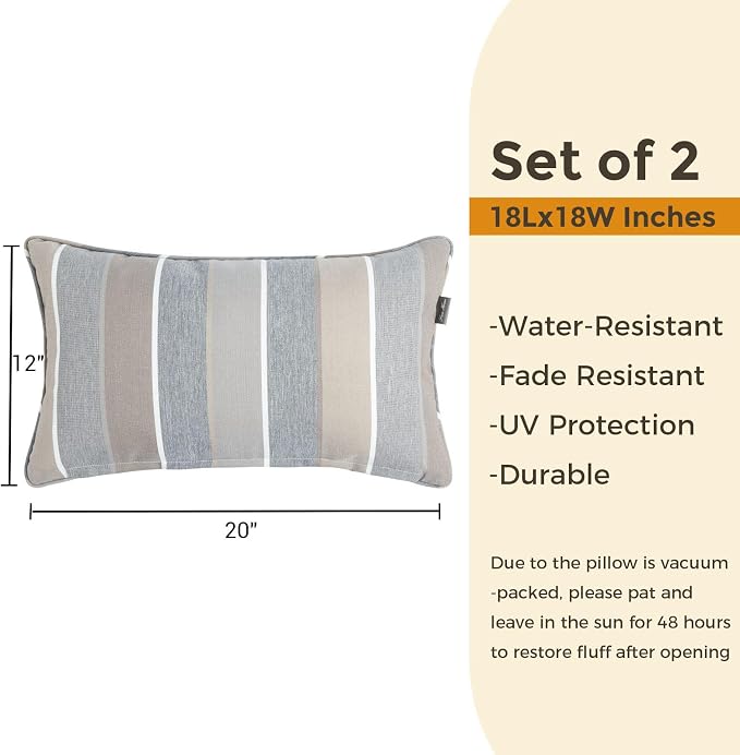 FUNHOME Outdoor Lumbar Pillows 12x20 inch,Decorative Throw Pillow Set of 2 with Insert,Water Resistant Headrests for Patio Furniture Sofa Couch Chair(Gray Stripe)