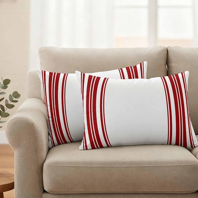 Outdoor Waterproof Throw Pillow Covers Set of 2 Red Stripes Lumbar Pillowcases 20x12 Inches White Vertical Striped Decorative Pillows Cushion Case Patio Pillows for Couch Bed Chair Garden