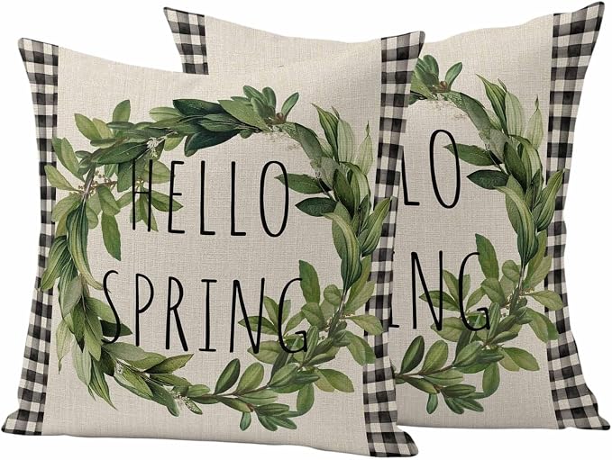 Hello Spring Outdoor Pillow Covers Pack of 2 Green Leaf Plant Black Plaid Vintage Linen Texture Waterproof Throw Pillow Covers Decorative Cushion Cases for Patio Garden Tent Balcony Couch 16x16 inch
