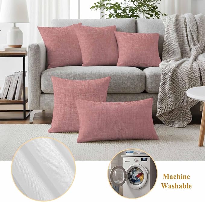 Outdoor Waterproof Throw Pillow Covers Set of 2 Peach Pink Linen Pillowcases 20x20 Inches Farmhouse Pure Color Decorative Pillows Cushion Case Patio Pillows for Couch Bed Chair Garden