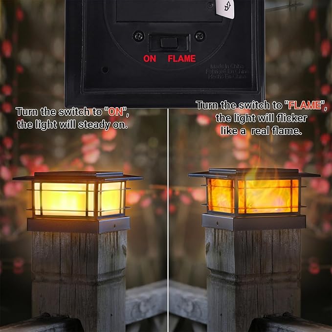 Dynaming 4x4 Solar Post Cap Lights Outdoor with Flickering Flame Light, 12 Pack Black Shell Fence Post Solar Lights Fit Vinyl/Wooden Posts, Brightness LED Lighting Decor for Garden Deck Patio