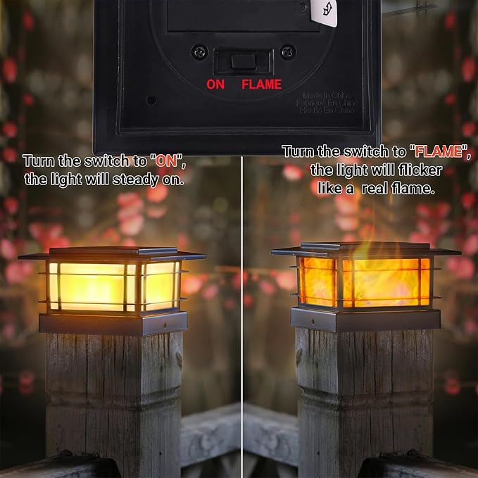 Dynaming 4x4 Solar Post Cap Lights Outdoor with Flickering Flame Light, 6 Pack Black Shell Fence Post Solar Lights Fit 4x4 Vinyl/Wooden Posts, Brightness LED Lighting Decor for Garden Deck Patio