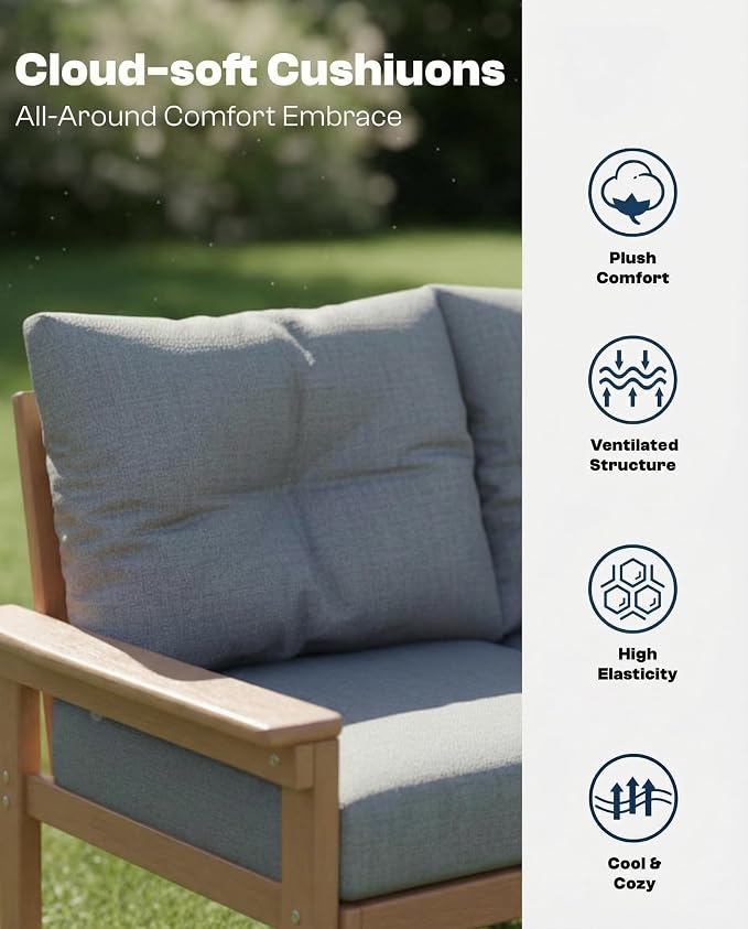 3 Piece HDPE Outdoor Patio Furniture Set, All-Weather 2 Armchairs with Side Table, Patio Conversation Set with Grey Washable Thick Cushion for Balcony/Porch/Backyard (Teak Frame)