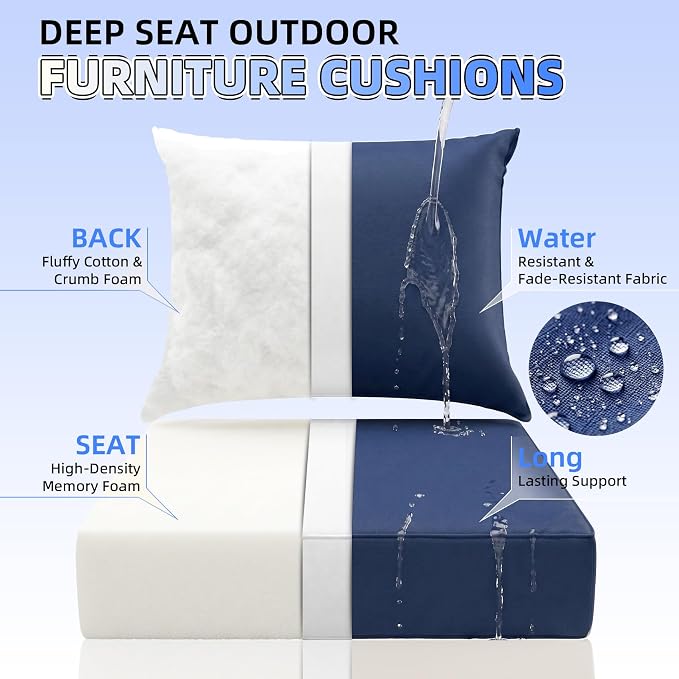 Srora Outdoor Deep Seat Patio Cushions, 5-Inch Thick Outdoor Chair Cushions, Waterproof 300GSM Colorwoven Fabric, 1200H+ Fade Resistant, Hidden Zipper Covers, 2 Ties, for Chair, Loveseat & Sofa