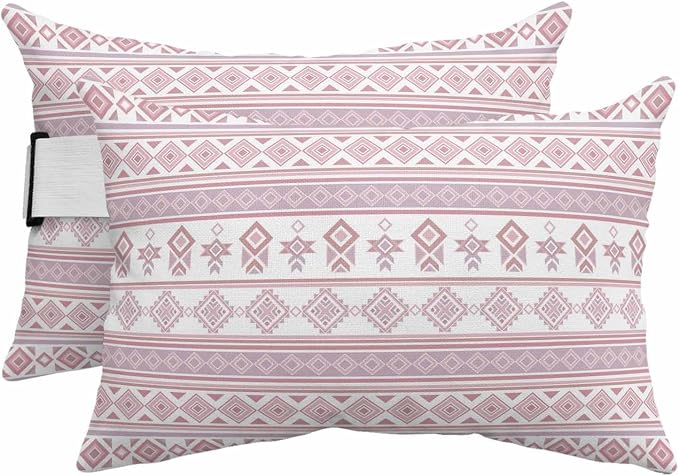 Outdoor Lumbar Pillow Set of 2, Pink Boho Striped Waterproof Beach Headrest Pillow with Inserts, Southwestern Ethnic Tribe Vintage Recliner Throw Pillows for Patio Furniture, 11 x 16