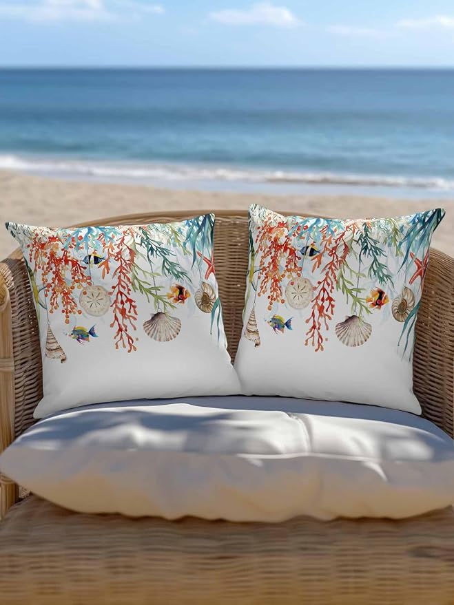 Outdoor Waterproof Throw Pillows Summer Colorful Coral Shell Conch Patio Pillows,Decorative Pillow Covers with Insert,Pillow Cushion Case for Garden Couch Sofa Sea Starfish Fish Marine Life