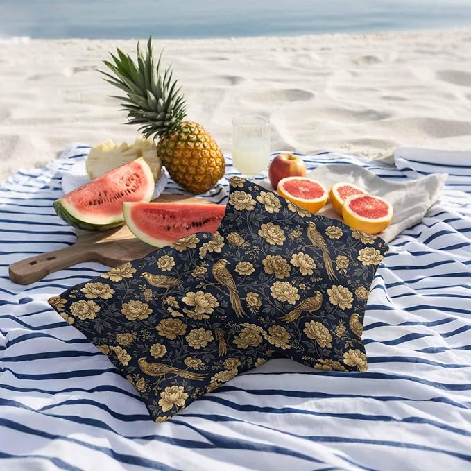 Vintage Gold Navy Blue Floral Outdoor Pillow Covers 18"x18" Set of 2, Bird Peony Flower Traditional Waterproof Throw Pillow Covers for Patio Furniture, Decorative Cushion Covers for Porch