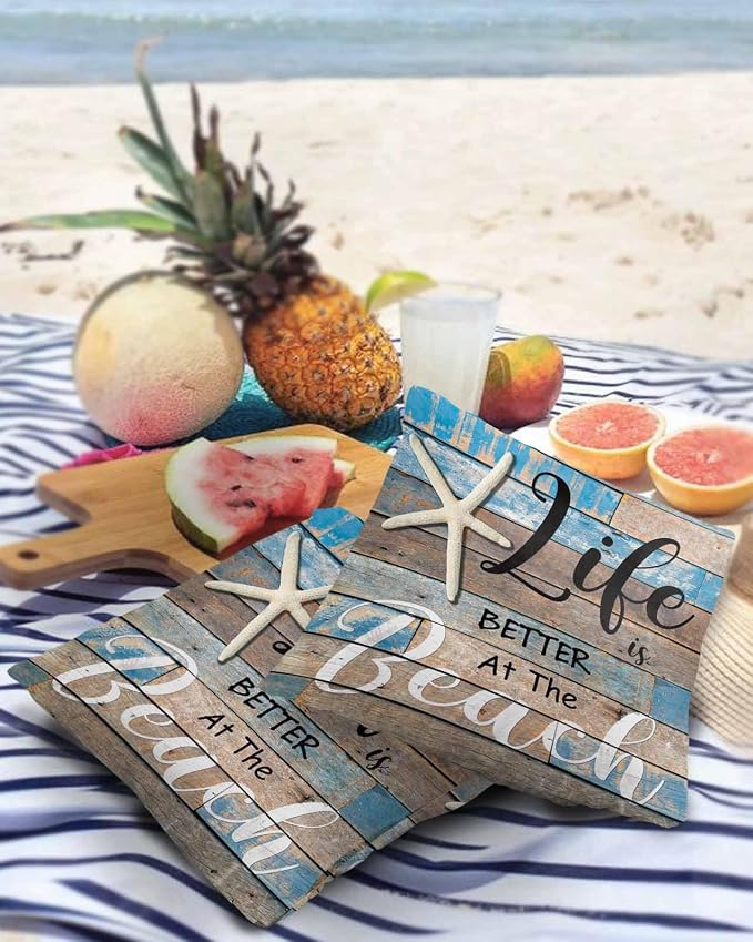 Summer Outdoor Pillow Covers Set of 2,Ocean Life Texts Starfish Decorative Waterproof Throw Pillow Case,Retro Blue Wood Plank Cushion Pillowcases for Couch Garden Patio Beach,20x20In