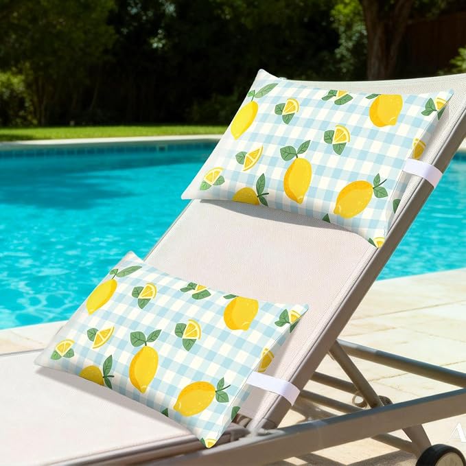 Outdoor Pillows for Lounge Chair Head Resting 2 Pack Waterproof | Headrest Lumbar Pillows with Adjustable Strap for Recliner Beach Pool Lounger Chair, Lemon