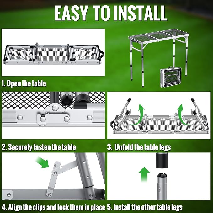 GARLLEN Folding Grill Table, 3 Adjustable Height Portable BBQ Table with Heat-Resistant Mesh Tabletop, Lightweight Aluminum Camping Tables for Outdoor, Grill, Picnic, 34.2" L x 15.7" W, Silver