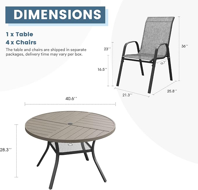 DIFY 5 Piece Outdoor Dining Set, 40" Grey Wood-Like Round Metal Dining Table and Grey Textilene Stackable Patio Chairs, Patio Table and Chairs Set for 4 with Umbrella Hole for Backyard Garden Deck